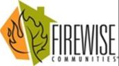 Firewise logo art image, drawing of a house with a fire outline on the left side and a leaf outline on the right